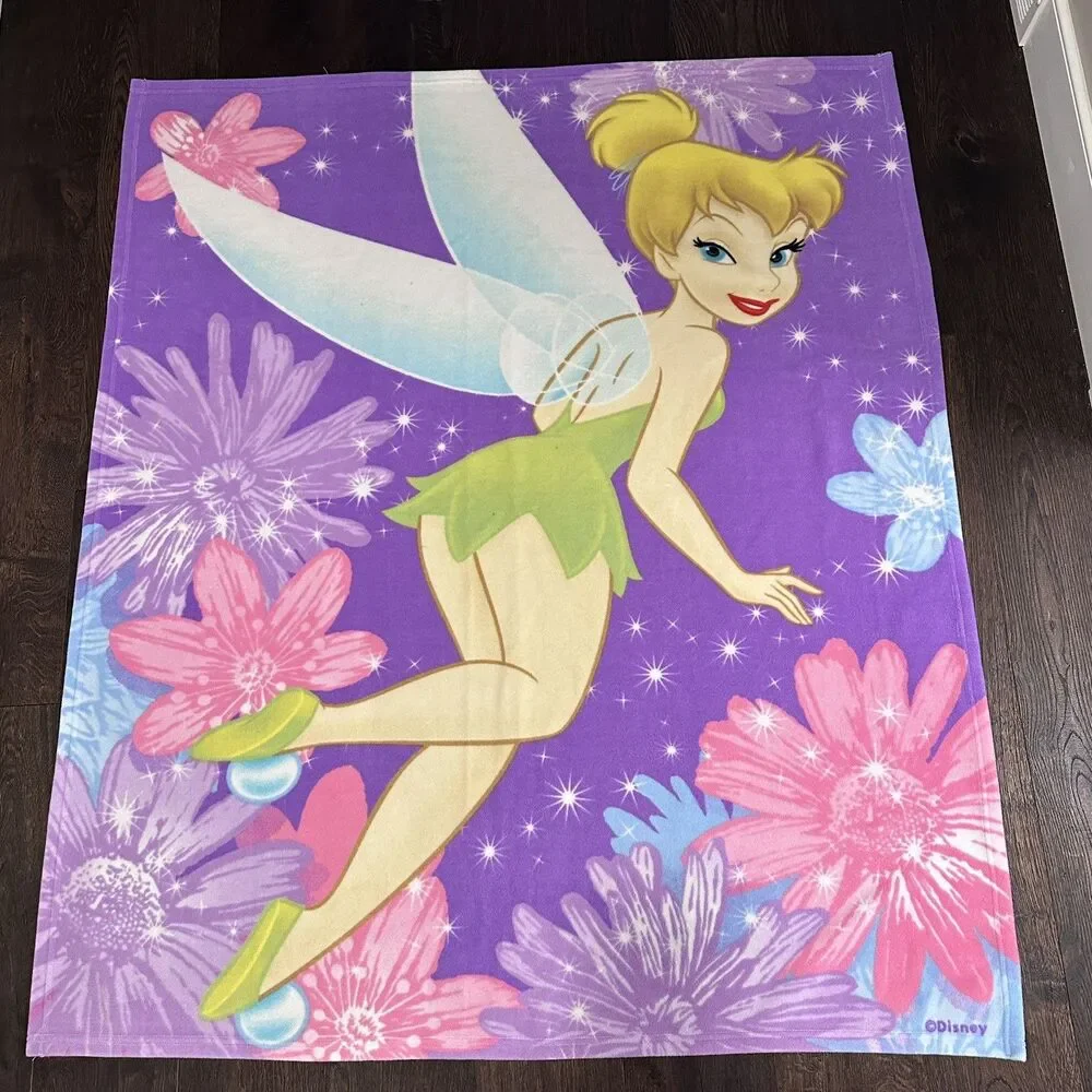 Vintage Disney Fairies Tinkerbell Fleece Throw Blanket 50x60 purple pink flower